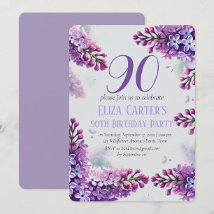 Purple Lilac 90th Floral Elegant Birthday  Invitation