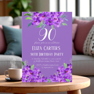 Purple Lilac 90th Ninety Floral Elegant Birthday Invitation