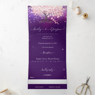 Purple Lilac and Pink Heart Leaf Tree Wedding Tri-Fold Invitation