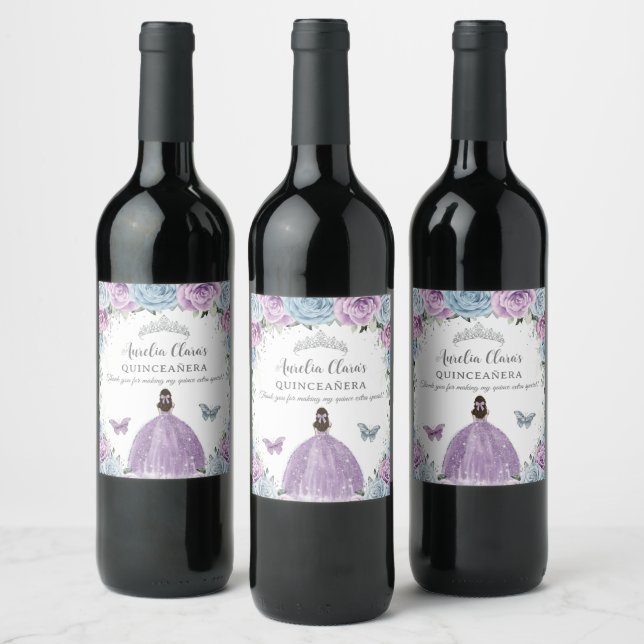 Purple Lilac Baby Blue Floral Quinceañera Sweet 16 Wine Label (Bottles)