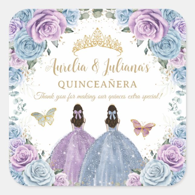 Purple Lilac Baby Blue Floral Twins Quinceañera Square Sticker (Front)