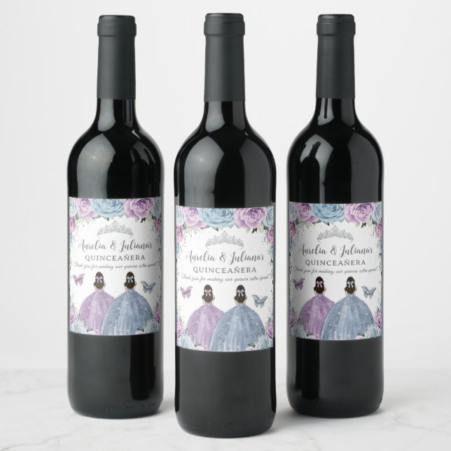 Purple Lilac Baby Blue Floral Twins Quinceañera Wine Label (Bottles)