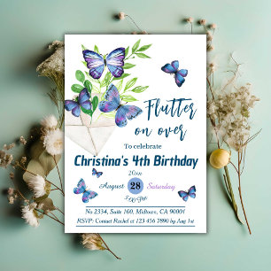 Purple lilac & blue butterfly themed 4th birthday  invitation