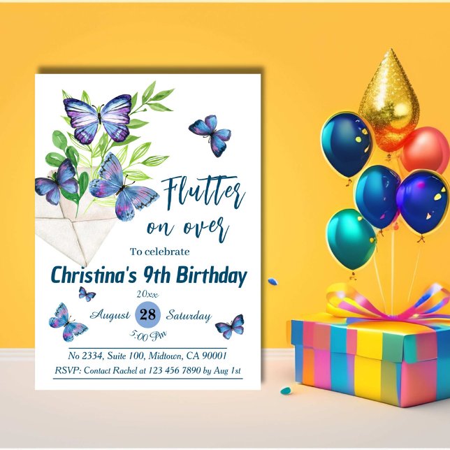 Purple lilac & blue butterfly themed 9th birthday invitation (Creator Uploaded)