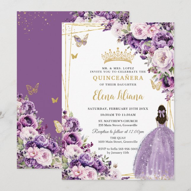 Purple Lilac Blush Floral Quinceanera 15 Sweet 16 Invitation (Front/Back)
