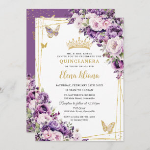 Purple Lilac Blush Floral Quinceanera 15 Sweet 16  Invitation
