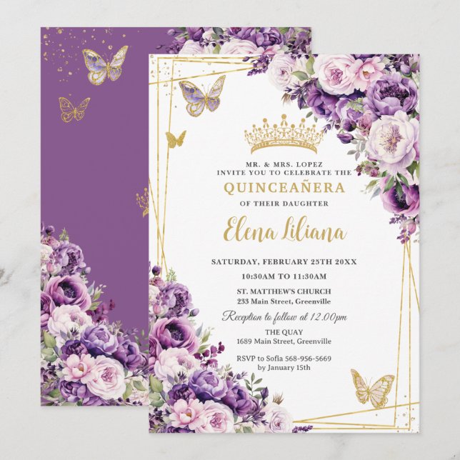 Purple Lilac Blush Floral Quinceanera 15 Sweet 16  Invitation (Front/Back)