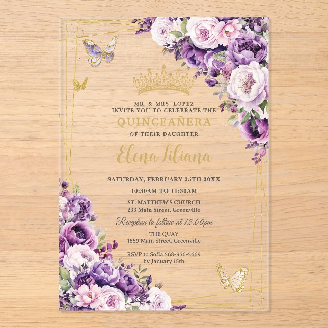 Purple Lilac Blush Floral Quinceanera Acrylic Acrylic Invitations (Front)