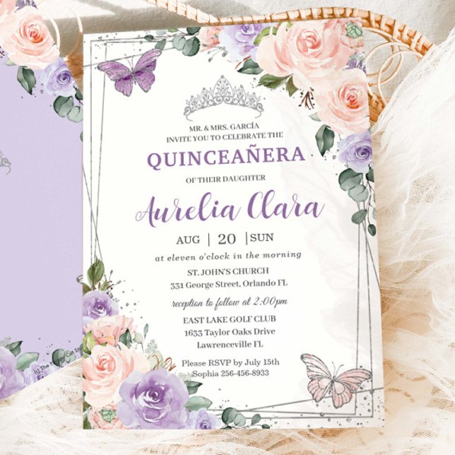 Purple Lilac Blush Floral Silver Quinceañera XV 16 Invitation (Creator Uploaded)