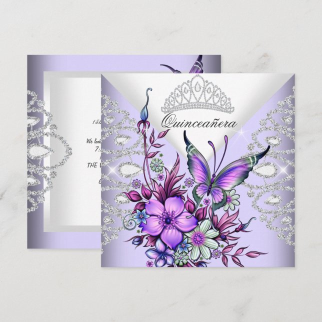Purple Lilac Butterfly Tiara Quinceanera Floral Invitation (Front/Back)