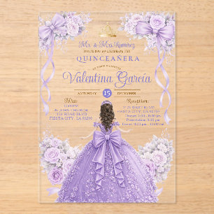 Purple Lilac Crown Gold Quinceañera Dress Birthday Acrylic Invitations