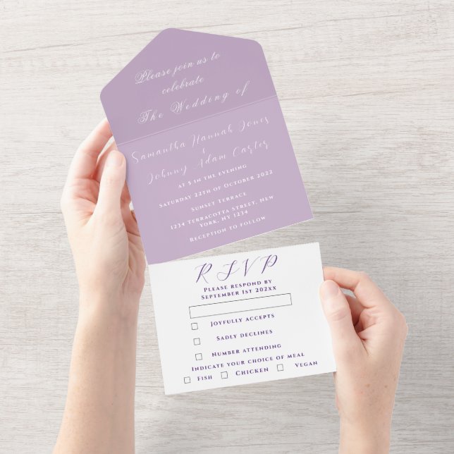 Purple Lilac Elegant Minimalist Lavender Wedding All In One Invitation (Tearaway)