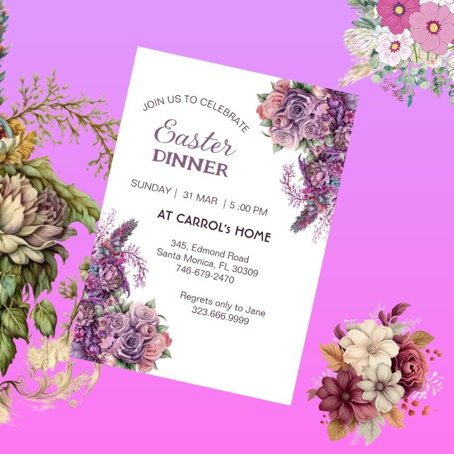 Purple Lilac Flora Rustic Rose Easter Dinner Party Invitation (Purple Lilac Flora Rustic Rose Easter Dinner Party Invitation)