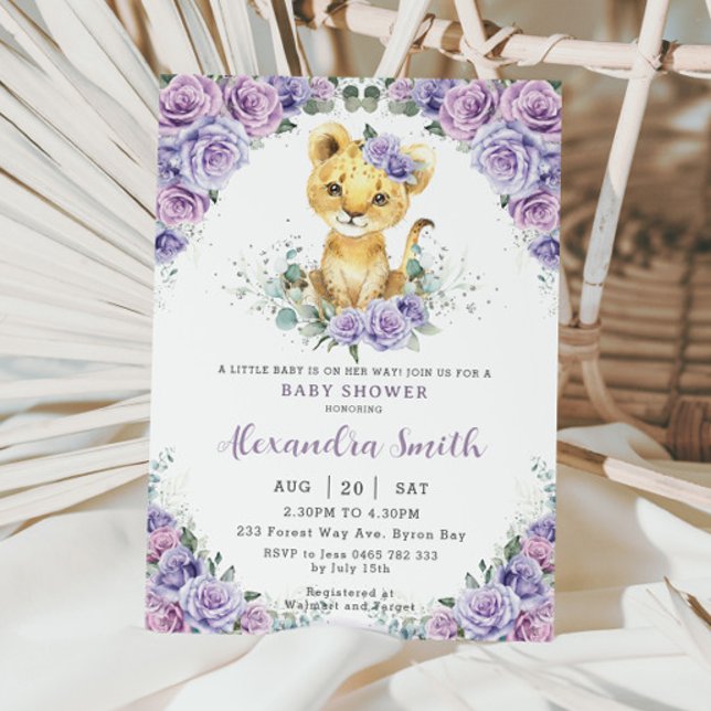 Purple Lilac Floral Adorable Lion Cub Baby Shower Invitation (Creator Uploaded)
