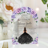 Purple Lilac Floral Black Dress Silver Quinceanera