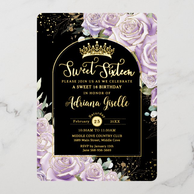 Purple Lilac Floral Black Gold Sweet 16 Birthday  (Front)