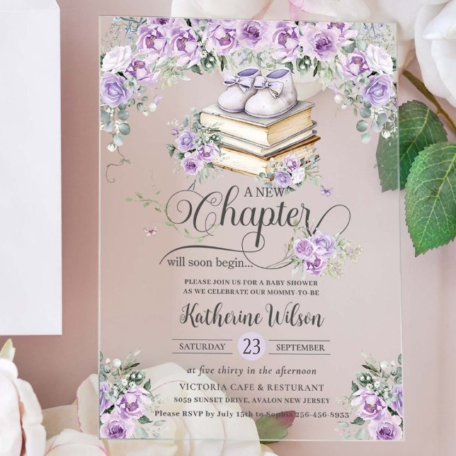 Purple Lilac Floral Book New Chapter Baby Shower Acrylic Invitations (Creator Uploaded)