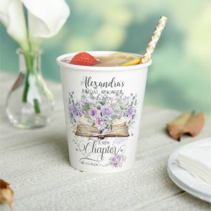 Purple Lilac Floral Book New Chapter Bridal Shower Paper Cups