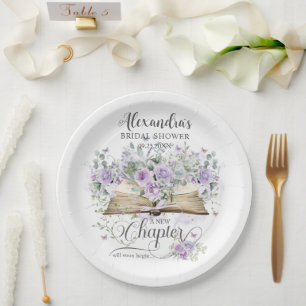 Purple Lilac Floral Book New Chapter Bridal Shower Paper Plate