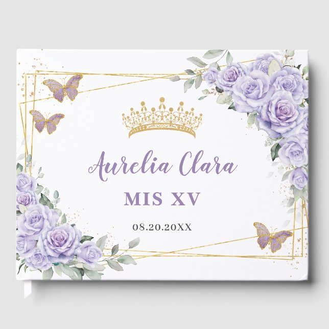Purple Lilac Floral Butterflies Gold QUINCEAÑERA Guest Book (Front)
