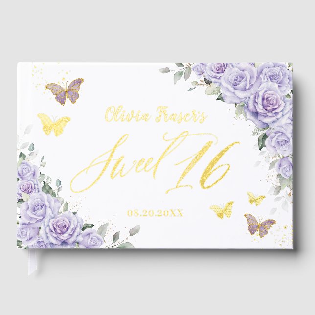 Purple Lilac Floral Butterflies Gold Sweet 16 Foil Guest Book (Front)