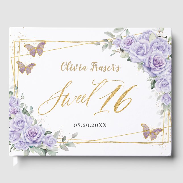 Purple Lilac Floral Butterflies Gold Sweet Sixteen Guest Book (Front)