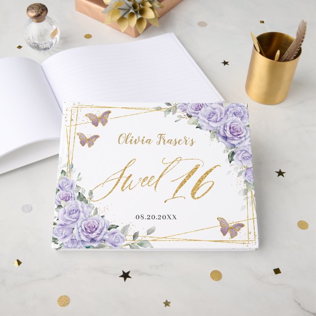 Purple Lilac Floral Butterflies Gold Sweet Sixteen Guest Book (Front Open)