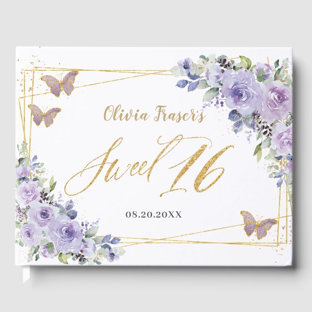 Purple Lilac Floral Butterflies Gold Sweet Sixteen Guest Book (Front)