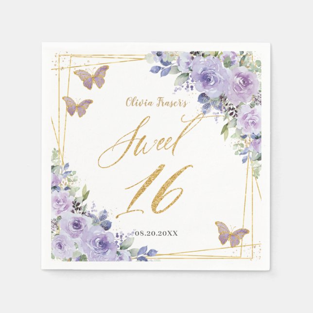 Purple Lilac Floral Butterflies Gold Sweet Sixteen Napkin (Front)