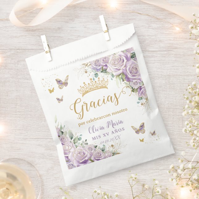 Purple Lilac Floral Butterflies Quinceañera 15 16 Favour Bags (Clipped)