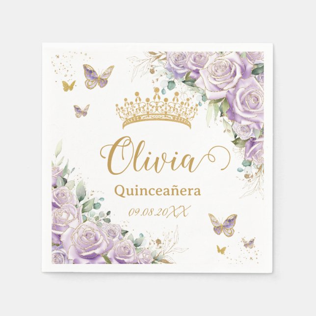 Purple Lilac Floral Butterflies Quinceañera 15 16 Napkin (Front)