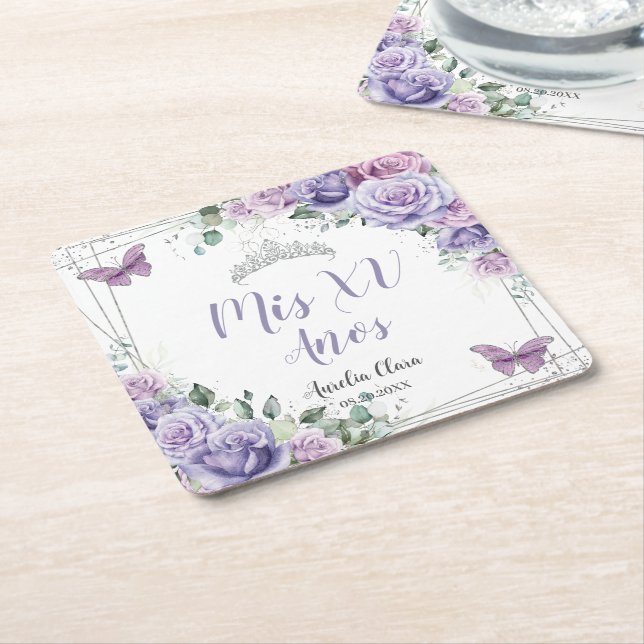 Purple Lilac Floral Butterflies Quinceanera Favour Square Paper Coaster (Angled)