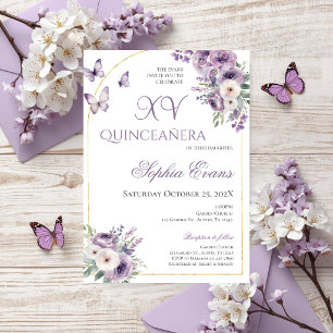 Purple Lilac Floral Butterflies Quinceañera Invitation