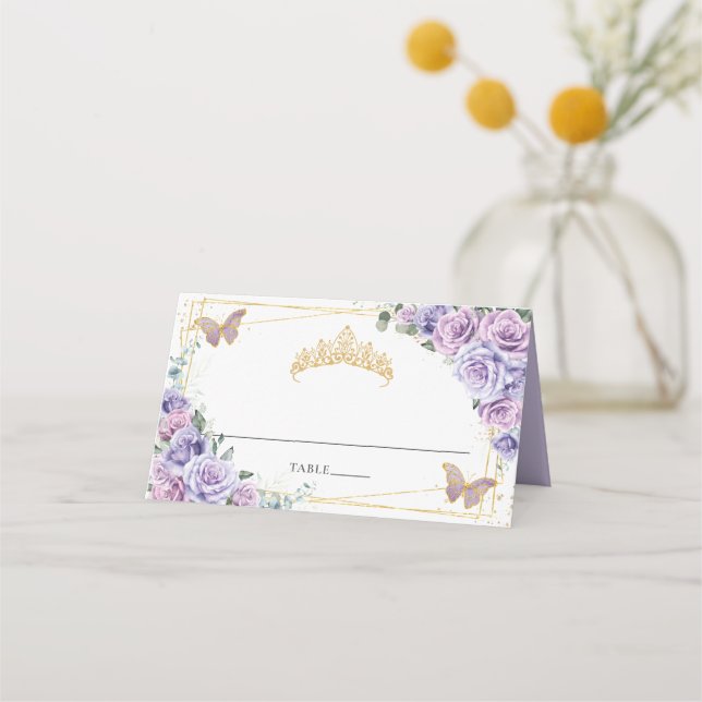 Purple Lilac Floral Butterflies Quinceañera XV 16 Place Card (Front)