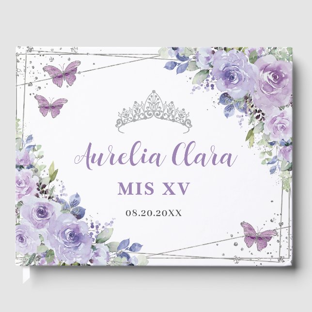 Purple Lilac Floral Butterflies Silver QUINCEAÑERA Guest Book (Front)