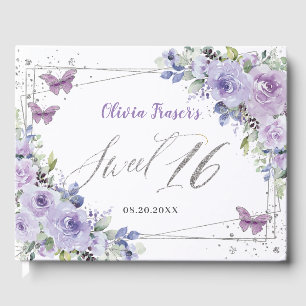 Purple Lilac Floral Butterflies Silver Sweet 16 Guest Book