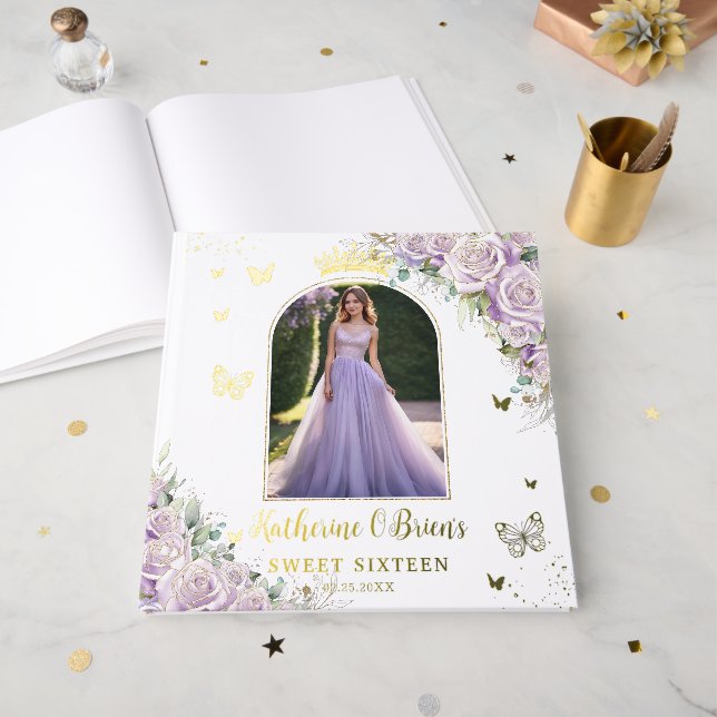 Purple Lilac Floral Butterflies Sweet 16 15 Photo Guest Book (Front Open)