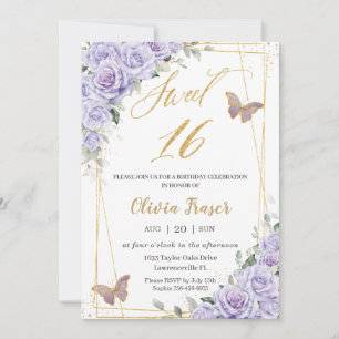 Purple Lilac Floral Butterflies Sweet 16 Sixteen  Invitation