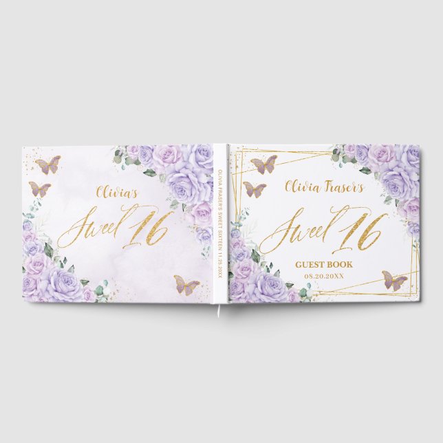 Purple Lilac Floral Butterflies Sweet Sixteen 16 Guest Book (Full)