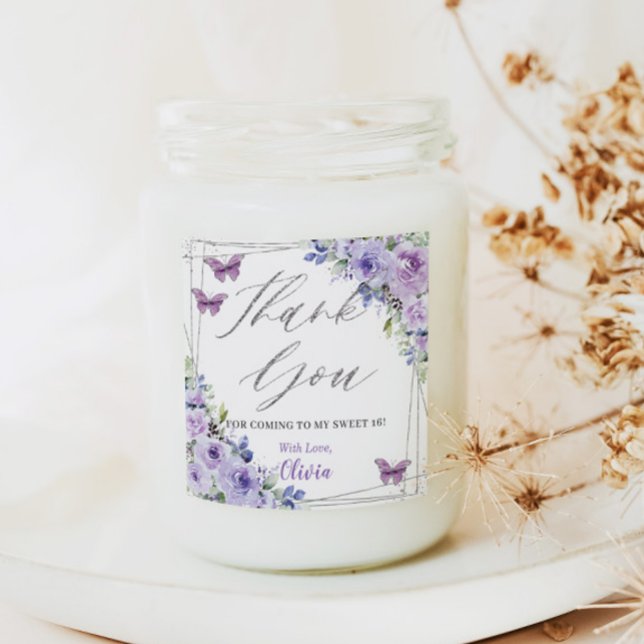 Purple Lilac Floral Butterfly Silver Sweet Sixteen Square Sticker (Creator Uploaded)