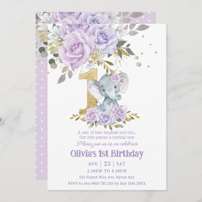 Purple Lilac Floral Cute Elephant One 1st Birthday Invitation (Front/Back)