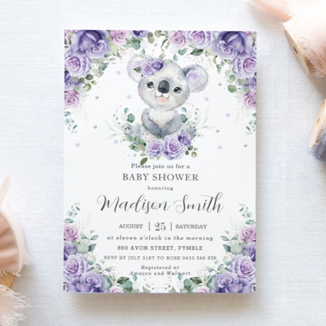 Purple Lilac Floral Cute Koala Baby Shower  Invitation (Creator Uploaded)