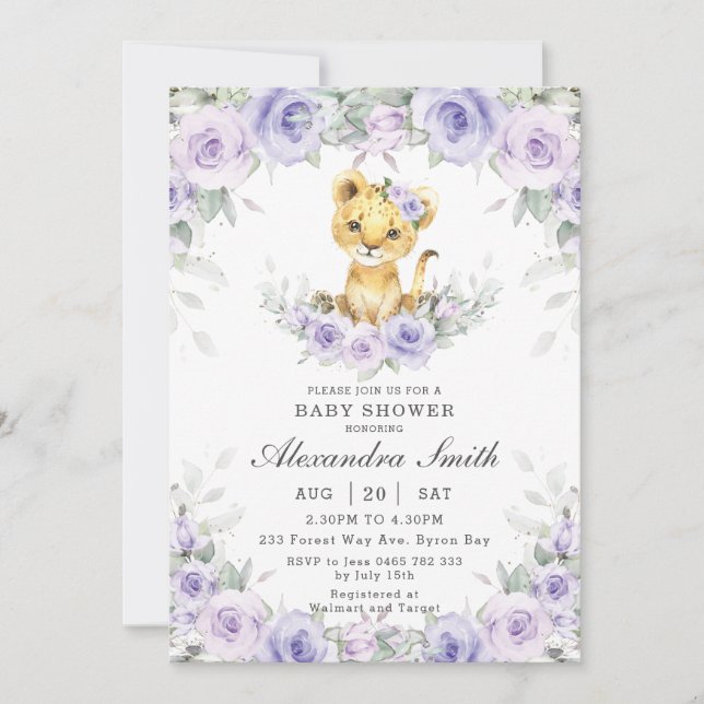 Purple Lilac Floral Cute Lion Cub Girl Baby Shower Invitation (Front)