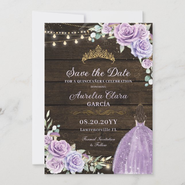 Purple Lilac Floral Enchanted Forest Quinceañera Save The Date (Front)