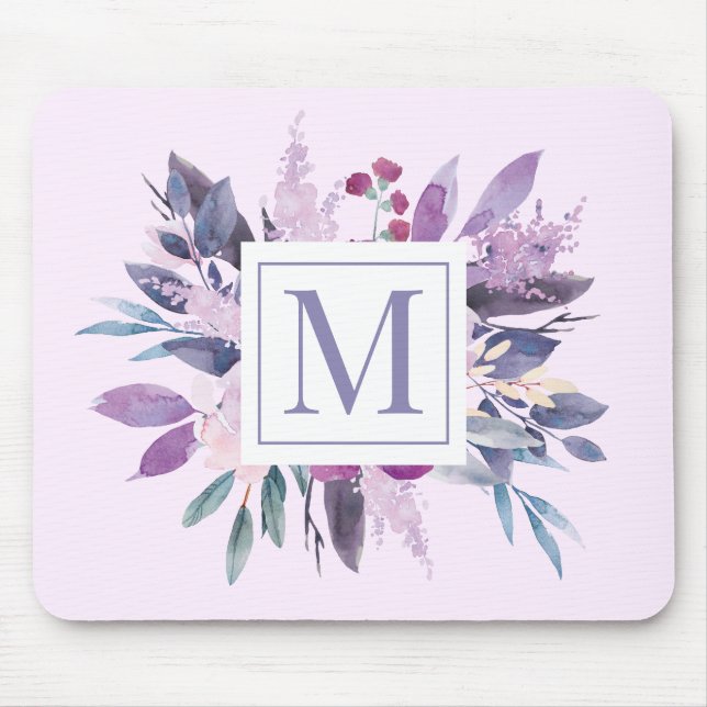 Purple Lilac Floral Flowers Custom Monogram Mouse Pad (Front)