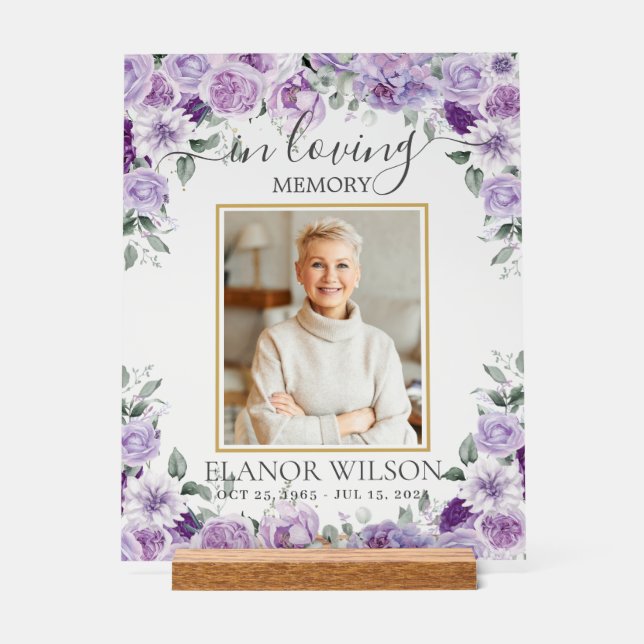 Purple Lilac Floral Funeral Memorial Picture Photo Acrylic Sign (Front)