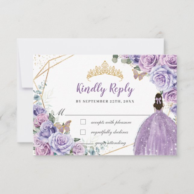 Purple Lilac Floral Girl Dress Quinceañera Reply RSVP Card (Front)