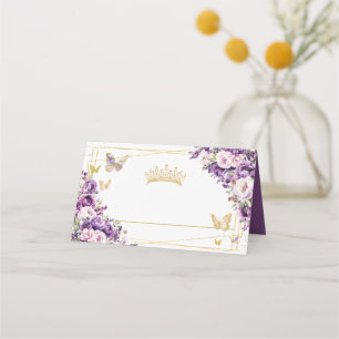 Purple Lilac Floral Gold Butterflies Quinceañera  Place Card