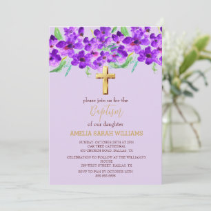 Purple Lilac Floral Gold Cross Girl Baptism  Invitation
