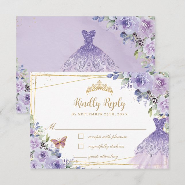 Purple Lilac Floral Gold Quinceañera Dress Gown RSVP Card (Front/Back)